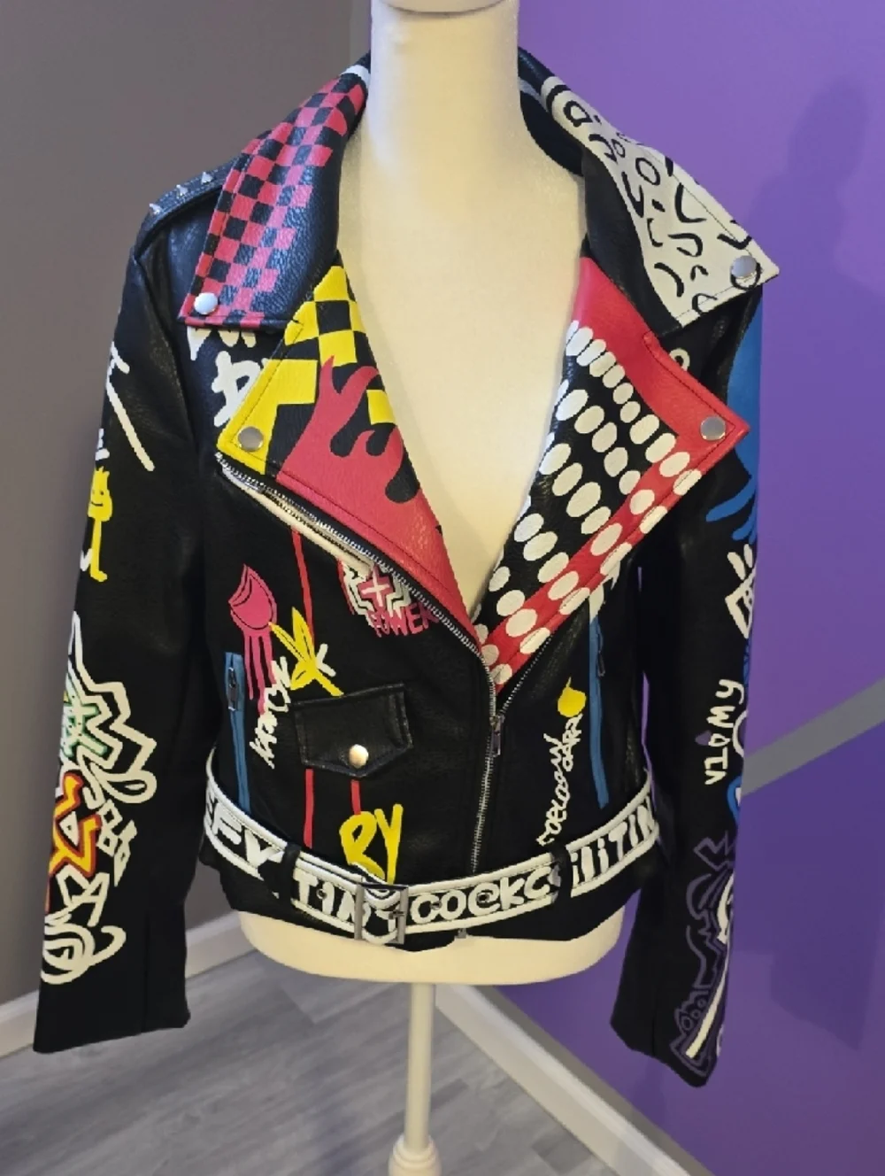 Painted Black Leather Biker Jacket with Multicolor Graffiti Accents - Picture 6 of 14